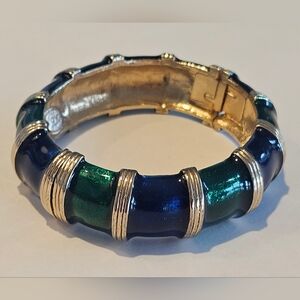 Vintage Original By Robert Gold Green Blue Enamel Hinged Bangle Bracelet